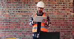 Construction, tablet and thinking with man on building site for project management or update. App, laptop and research with confused engineer on worksite for property development as architect
