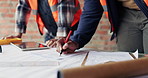 Writing, hands or team with blueprint at construction site, expansion layout or floor plan update. Property development, architect or people with schematic for building, scale review or engineering