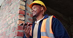 Construction, phone call and smile of black man on building site for project management or update. Communication, talking and thinking with happy architect on worksite for property development