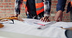 Review, hands and team with blueprint at construction site, expansion layout and floor plan update. Property development, architect and people with schematic for building, scale check and engineering