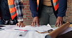 Meeting, hands or people with blueprint at construction site, expansion planning or schematic update. Property development, architect or team with engineering for infrastructure, renovation or review