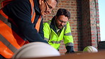 Architecture, people and talk at construction site with planning, collaboration and building design. Architect, team and conversation with partnership, infrastructure meeting and renovation project.