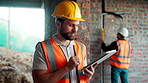 Typing, contractor or man with tablet on construction site, progress report or building material order. Review, smile or person with daily log for infrastructure update, tech or safety check record