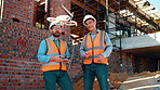 People, drone and collaboration at construction site for architecture, engineering and planning. Team, supervisor and technology for surveying, development and progress with project management