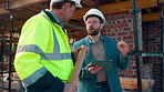 Man, engineer or tablet on construction site for meeting, budget update or compliance requirements. Building funder, project manager or tech at scaffolding for blueprint review, discussion or safety
