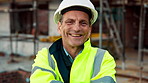 Crossed arms, man and face of construction manager on site with confidence for industrial career. Happy, about us and portrait of mature civil contractor with pride for infrastructure of building.