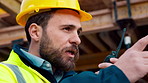 Man, architect or talking with radio on construction site for building development or delegation. Male person, civil engineer or safety supervisor with speaker for security inspection or maintenance