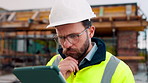 Tablet, architect and man at construction site for thinking, planning project or development schedule. Tech, person and contractor outdoor with building review, problem solving or engineering report