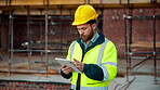Architect, research and man with tablet at construction site, browsing and safety inspection update. Outdoor, civil engineer and person with tech for digital blueprint, scroll or property development
