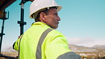 Thinking, man and engineer outdoor for construction, inspection and building development. Vision, mature person and view for quality assurance, urban planning and reflection for architecture progress