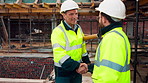 Architect, men and shake hands for construction with collaboration, renovation or plan. Contractor, civil engineering team or happy people with partnership for real estate project management