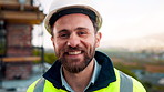 Helmet, happy and face of construction worker on site with confidence for industrial career. Man, hardhat and portrait of civil engineer with pride for about us with building, repairs or maintenance