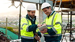 Engineer, people and talk on construction site with tablet, manager advice or collaboration for project. Men, discussion and engineering research outdoor with tech, partnership or building renovation