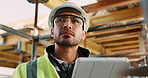 Construction site, thinking and man with tablet, engineering and inspection for quality control. Tech, risk assessment and person with maintenance, schedule and property renovation with development