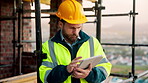 Architect, outdoor and man with tablet at building site, search and safety inspection update on web. Civil engineer, scroll and person with tech for digital blueprint, online and property development