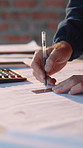 Architect, hands and drawing with calculator for blueprint measurement, ruler or building design ratio. Architecture, man and floor plan with calculation, project safety or check illustration numbers