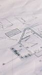 Architecture, building and floor plan with detail for design, engineering or property development. Blueprint, documents and schematics with paperwork for construction, planning or project management