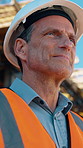 Construction, thinking or man outdoor with hat, progress reflection or mindset in building evaluation. Industrial, below or mature engineer with ppe, project perspective or operation plan on site.