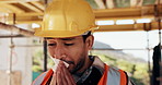 Construction site, man and tissue with illness for building, renovation and civil engineering fatigue. Sick contractor, sneeze and burnout with industrial debris, architecture or maintenance dust