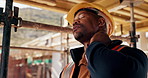 Construction site, black man and neck pain with stress for building, renovation and civil engineering mistake. Tired contractor, burnout and strain with industrial issue, architecture or maintenance