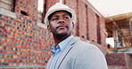 Thinking, engineer and black man at construction site with helmet, property development or building. PPE, architect planning and person with real estate project, safety compliance and problem solving