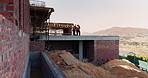 People, building and construction workers outdoor on site with planning for house renovation. Discussion, professional and civil engineers in collaboration for home infrastructure with architecture.