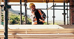 Construction, dancing or man on site with achievement, rhythm or playful groove with building milestone. Happy, feel good or engineer with scaffolding, fun time or upbeat movement in celebration.