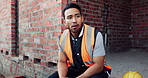 Builder, man and thinking at construction site with lunch break, building project and fruit snack. Person, eating apple and worker rest outdoor with industrial job, reflection and healthy nutrition.