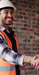 Construction, engineer and shaking hands with man for partnership, deal or smile for collaboration. People, architecture and handshake for thank you, development agreement or success at building site