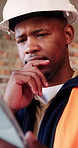 Civil engineer, thinking and black man with tablet in building, online and safety inspection on web. Architect, reflection and person with tech for research and planning for property development