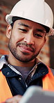 Builder, online and happy man with tablet in building, search or safety inspection with info on web. Architect, thinking and person with tech for property development, reading and plan for project