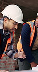 Architecture, people and discussion at construction site with blueprint, teamwork and project review. Architect, men and talk with floor plan, building design and brainstorming for infrastructure.