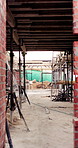 Outdoor, construction or empty building on site for development progress, scaffolding or safety. Industrial, residential structure or upgrade project for house extension, maintenance or roofing beams