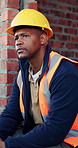 Engineer, thinking or black man at construction site with PPE, problem solving or property development. Engineering, person and vision outdoor with building project, safety helmet and infrastructure.