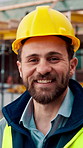 Face, man and engineer with smile outdoor for inspection, building development and construction. Portrait, male person and hard hat for safety, industrial infrastructure and engineering for expansion