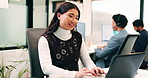 Smile, woman and headset with laptop at call center for consultation, customer service and inquiry. Happy, agent and coworking with pc for client assistance, online information and discussion for crm