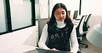 Business, review or Asian woman in office with laptop, research or budget insight for funding pitch. Reflection, reading or finance advisor with tech, portfolio check or proposal plan for investment.