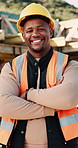 Contractor, face and black man with confidence on construction site for building development. Portrait, male person or architect with smile, hard hat or arms crossed for architecture, pride or safety