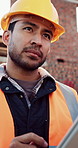 Construction, man and thinking with tablet on site for timesheet review, safety log or renovation. Reflection, foreman and tech outdoor for project management, compliance checklist and development