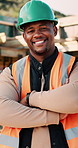Face, confidence and black man with arms crossed on construction site for building development. Portrait, male person or architect with smile, hard hat or pride for architecture, security or safety