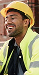 Construction, talking and men with lunch at site for break, rest and conversation by building. Engineering, architecture and people with food, laugh and chat for energy, eating and healthy meal