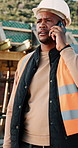 Phone call, problem and black man on construction site for chat, communication and building mistake. Architecture, manager and frustrated person on cellphone for conversation, discussion or complaint
