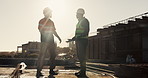 Engineer, people and talking outdoor for construction, inspection or planning for infrastructure. Flare, team and pointing with feedback for quality assurance, building progress and urban development