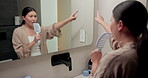 Singing, bathroom and Asian woman with brush in mirror for fun with grooming or morning routine. Happy, home and person with song, karaoke and good mood for wellness, maintenance and self care