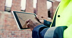 Construction, blueprint or hands on site with tablet screen, floor plan or building sheet on online app. Review, man or engineer with tech, industrial layout or operation report on digital platform.