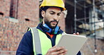 Man, thinking or tablet on construction site with checklist, building project or progress schedule. Contractor, inspector or tech at worksite for contract info, review or property expansion in city