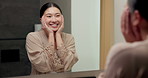 Happy, mirror and Asian woman with results for skincare, wellness and cosmetics products in morning. Reflection, home and person with face inspection for beauty, dermatology and healthy skin for glow