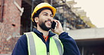 Speaking, architect and man with phone call for construction, track material order or project feedback. Smile, planning or person with mobile for building timeline update, outdoor or confirm delivery