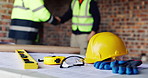 Architect, people and handshake with blueprint on construction site for building agreement together. Contractor, civil engineer or shaking hands with floor plan or PPE for architecture deal or safety