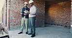Planning, team or men with tablet at construction site, renovation ideas or maintenance discussion. Review, tech or architect brainstorming for remodeling project, infrastructure upgrade or talking